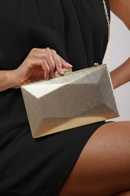 Elegant Gold Box Clutch with Crossbody Strap