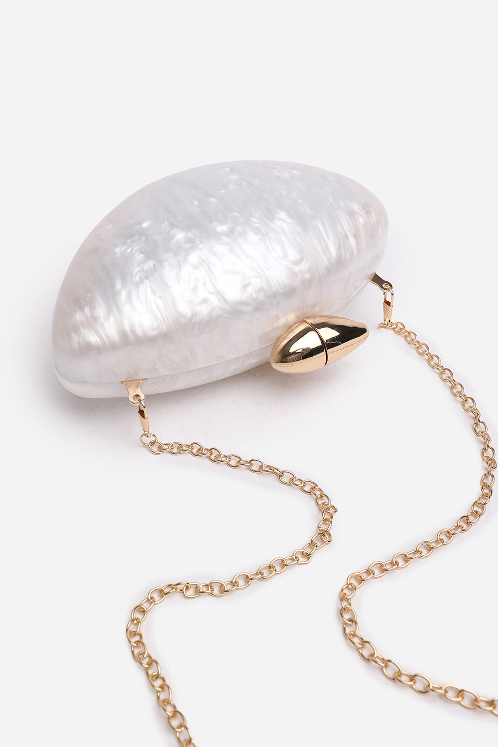 Wholesale Oval Glossy Marble White & Gold Toned Evening Clutch with Detachable Chain