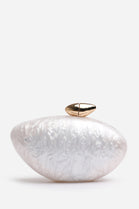 Wholesale Oval Glossy Marble White & Gold Toned Evening Clutch with Detachable Chain
