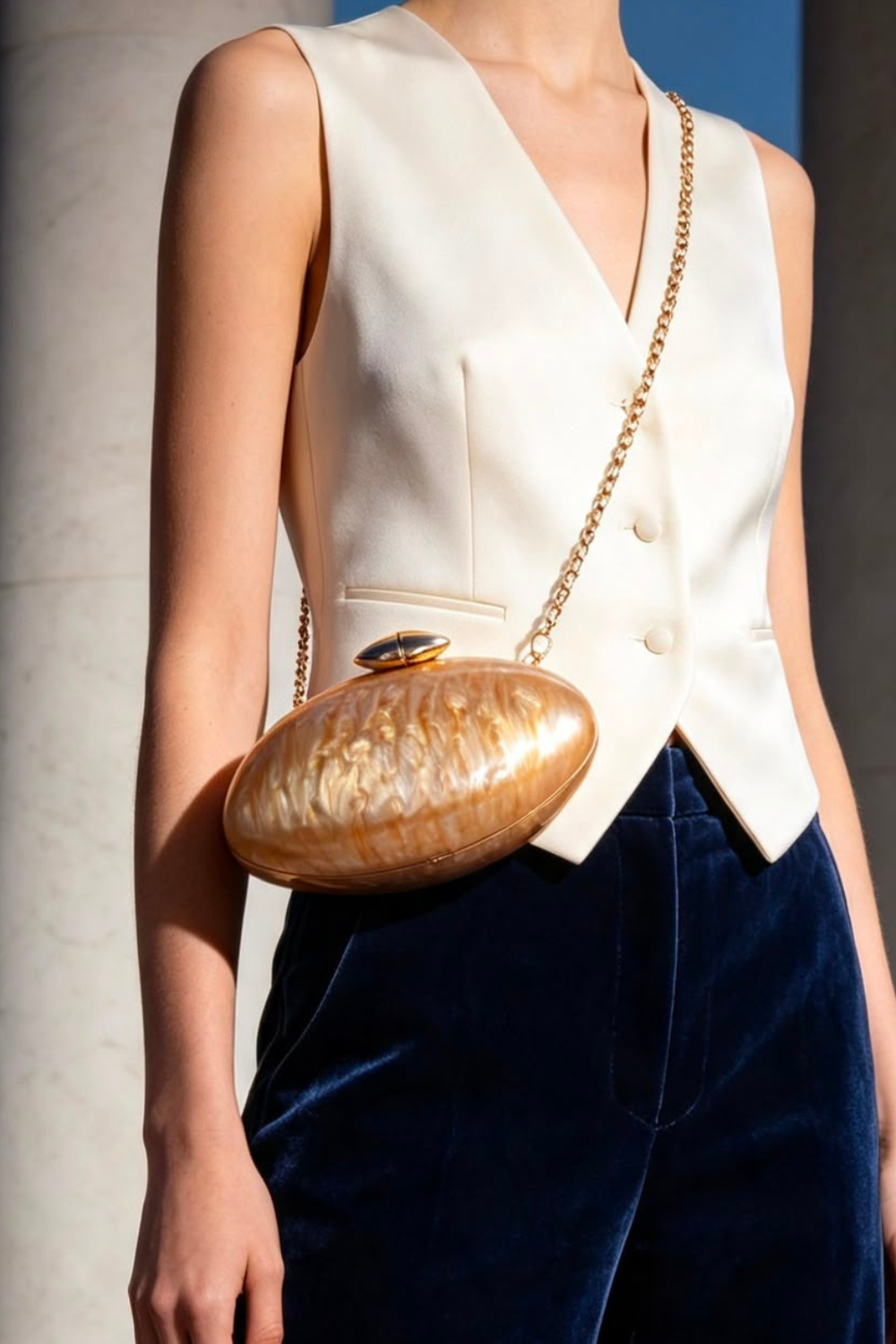 Wholesale Oval Glossy Marble Gold Evening Clutch with Detachable Chain