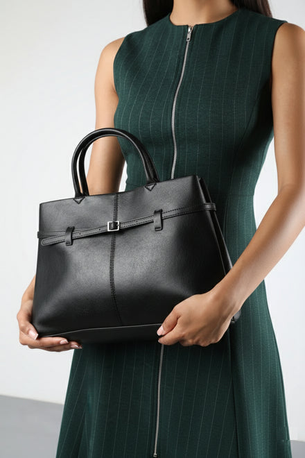 Premium Faux Leather Bag with Buckle Detail In Black