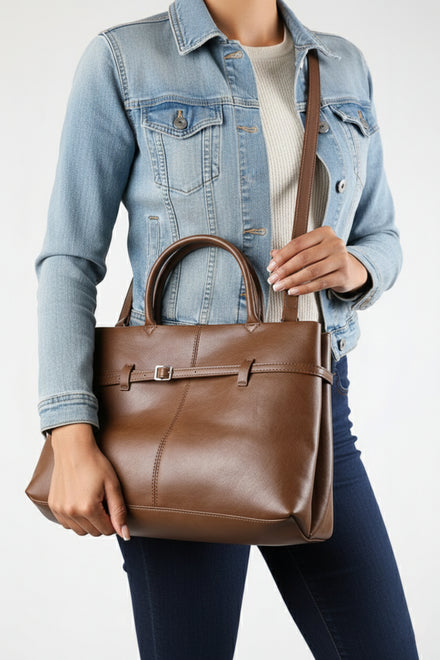Premium Faux Leather Bag with Buckle Detail In Tan