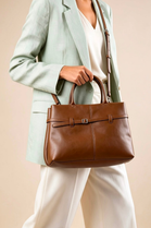 Premium Faux Leather Bag with Buckle Detail In Tan
