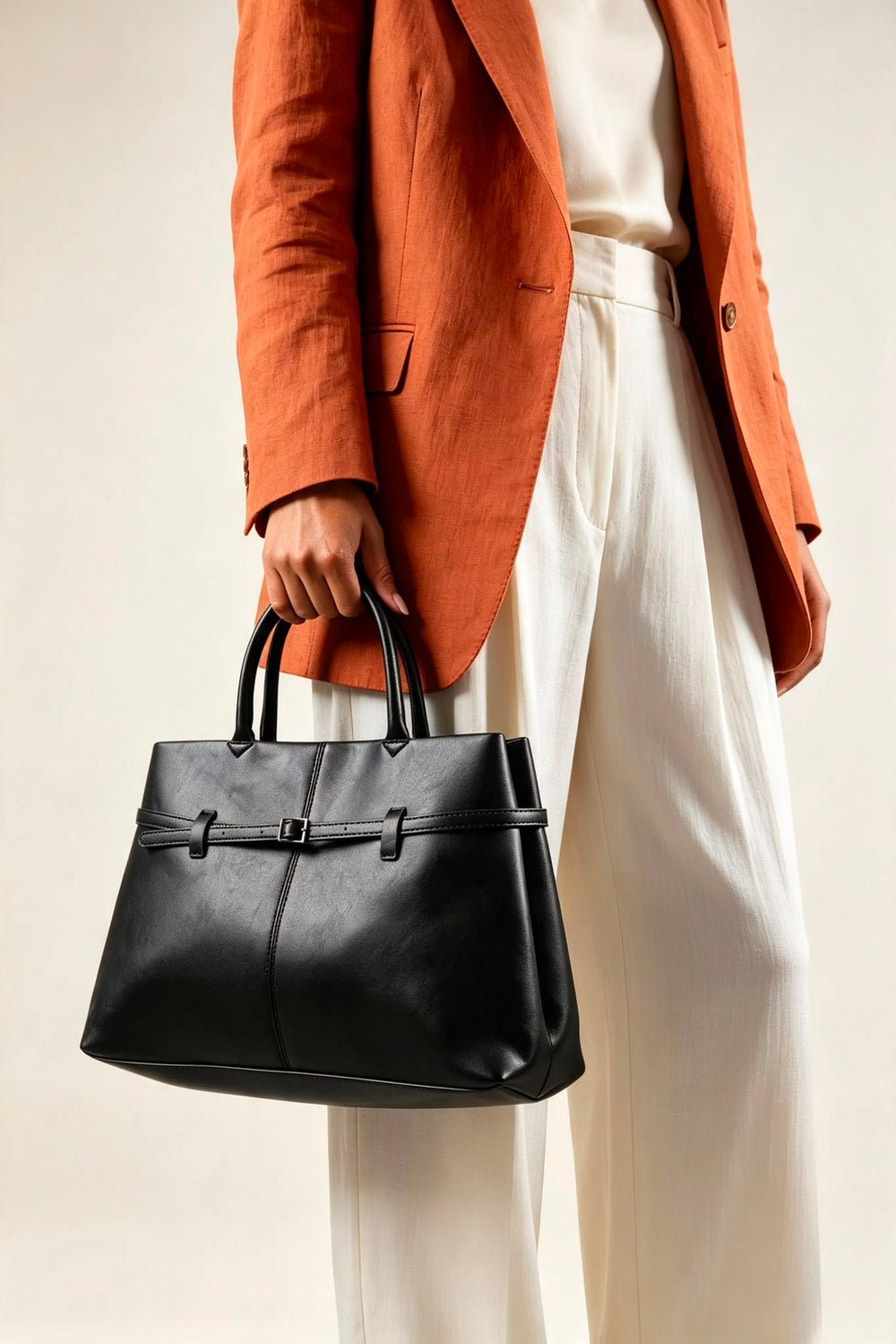Premium Faux Leather Bag with Buckle Detail In Black