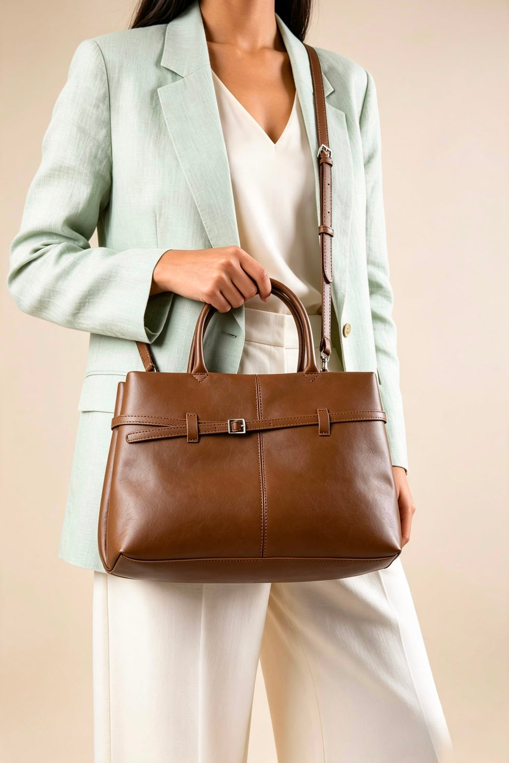 Premium Faux Leather Bag with Buckle Detail In Tan