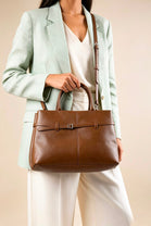 Premium Faux Leather Bag with Buckle Detail In Tan