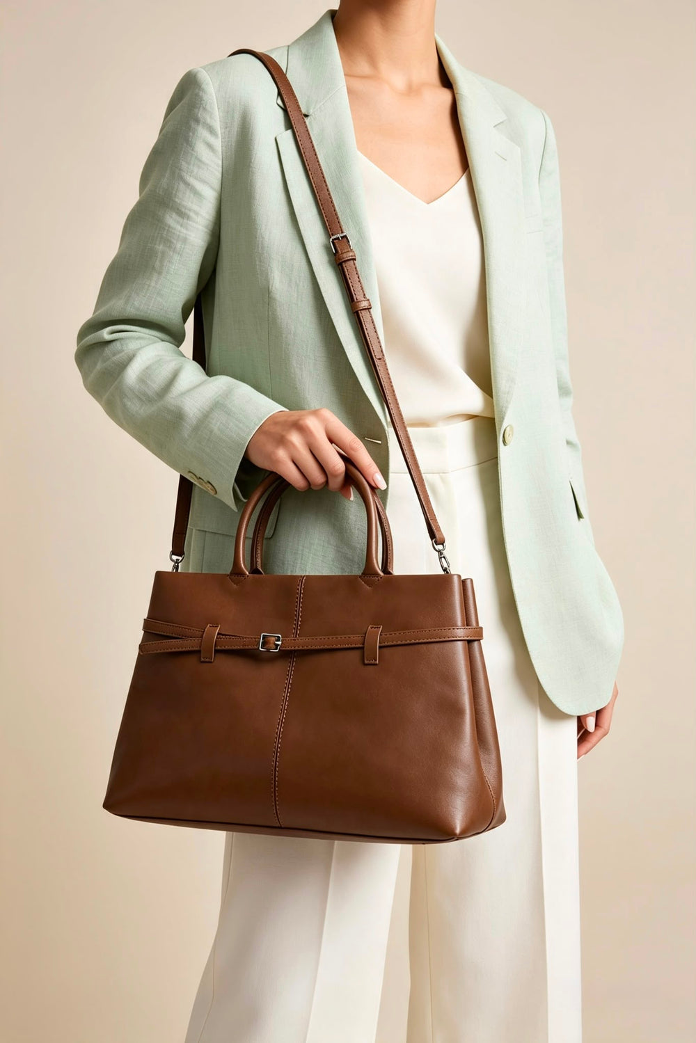 Premium Faux Leather Bag with Buckle Detail In Tan