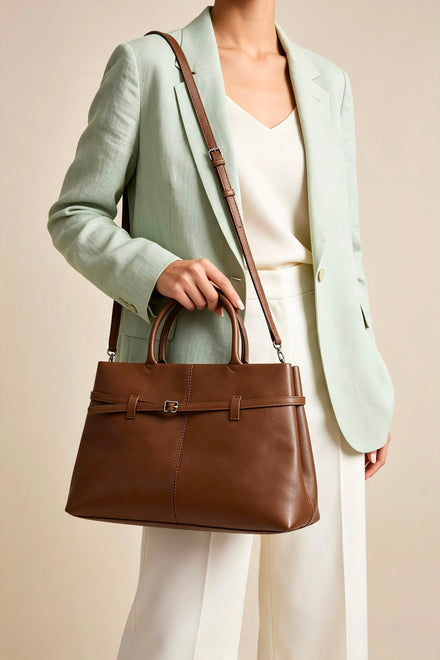 Premium Faux Leather Bag with Buckle Detail In Tan