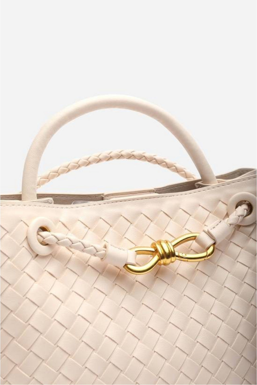 Premium Woven Top Handle Bag with Gold Knot Detail In Cream Pu