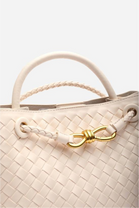 Premium Woven Top Handle Bag with Gold Knot Detail In Cream Pu