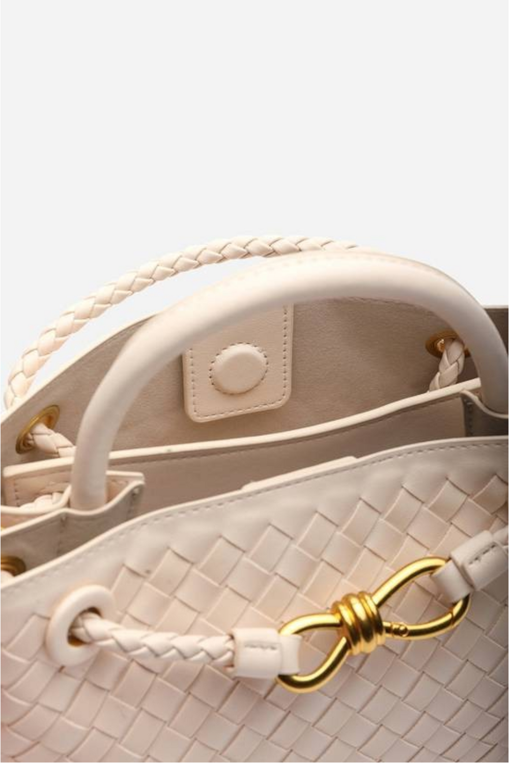Premium Woven Top Handle Bag with Gold Knot Detail In Cream Pu