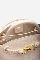 Premium Woven Top Handle Bag with Gold Knot Detail In Cream Pu