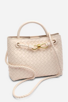 Premium Woven Top Handle Bag with Gold Knot Detail In Cream Pu