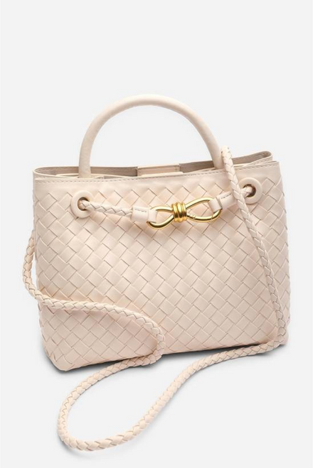 Premium Woven Top Handle Bag with Gold Knot Detail In Cream Pu