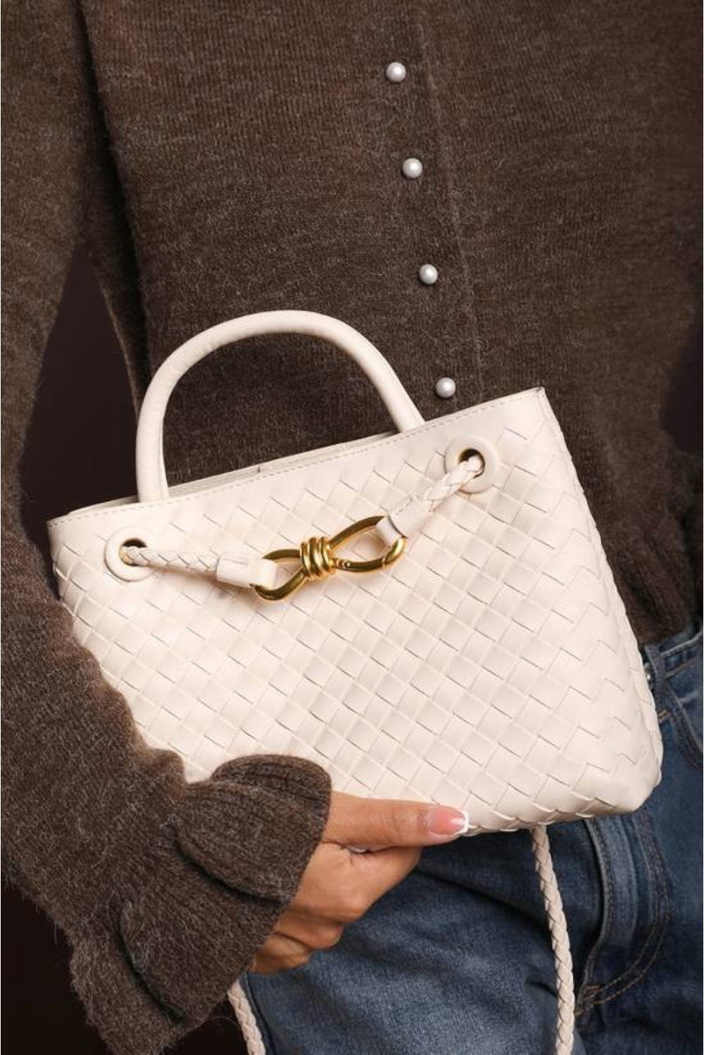 Premium Woven Top Handle Bag with Gold Knot Detail In Cream Pu