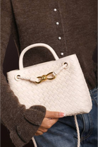 Premium Woven Top Handle Bag with Gold Knot Detail In Cream Pu