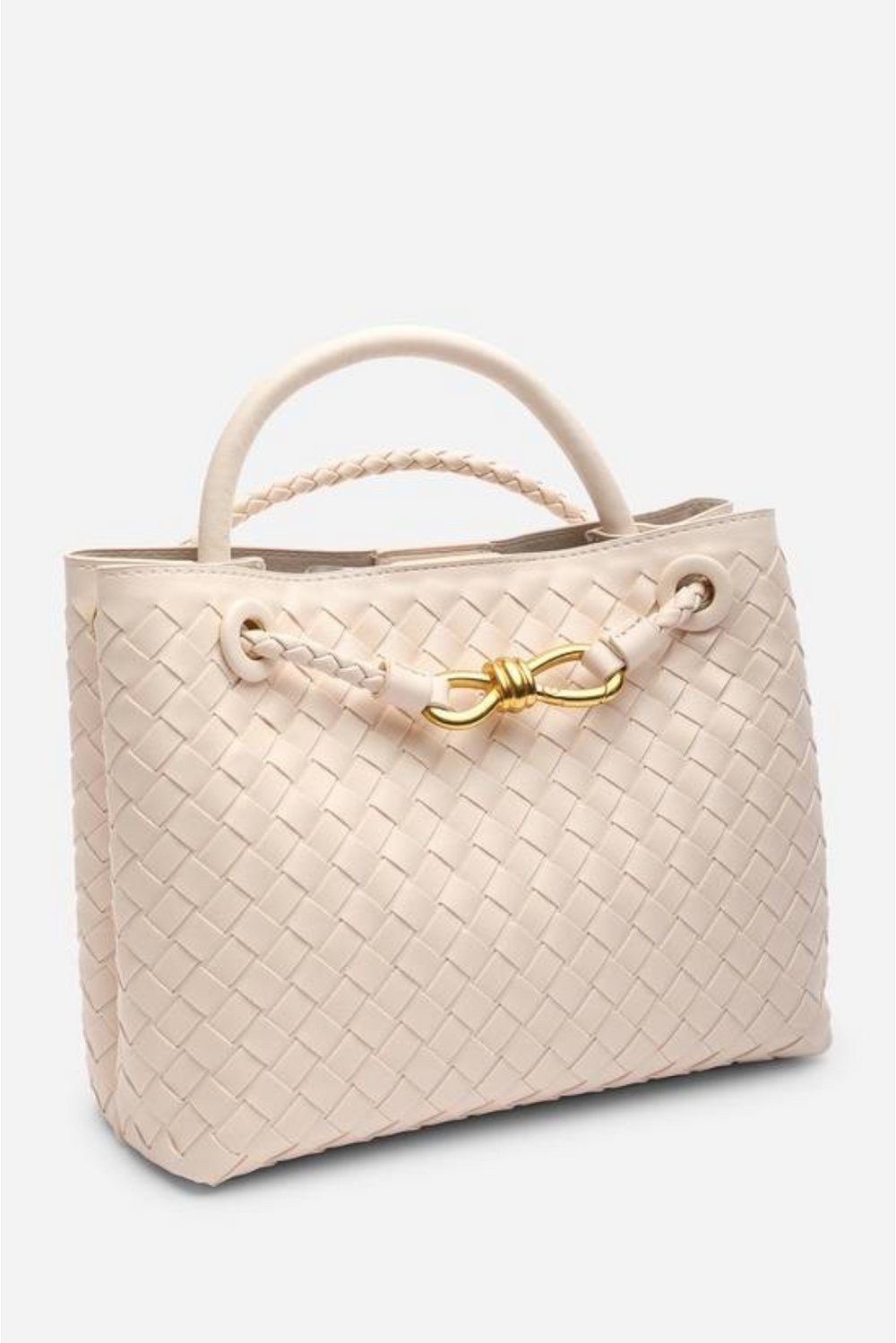 Premium Woven Top Handle Bag with Gold Knot Detail In Cream Pu