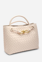 Premium Woven Top Handle Bag with Gold Knot Detail In Cream Pu