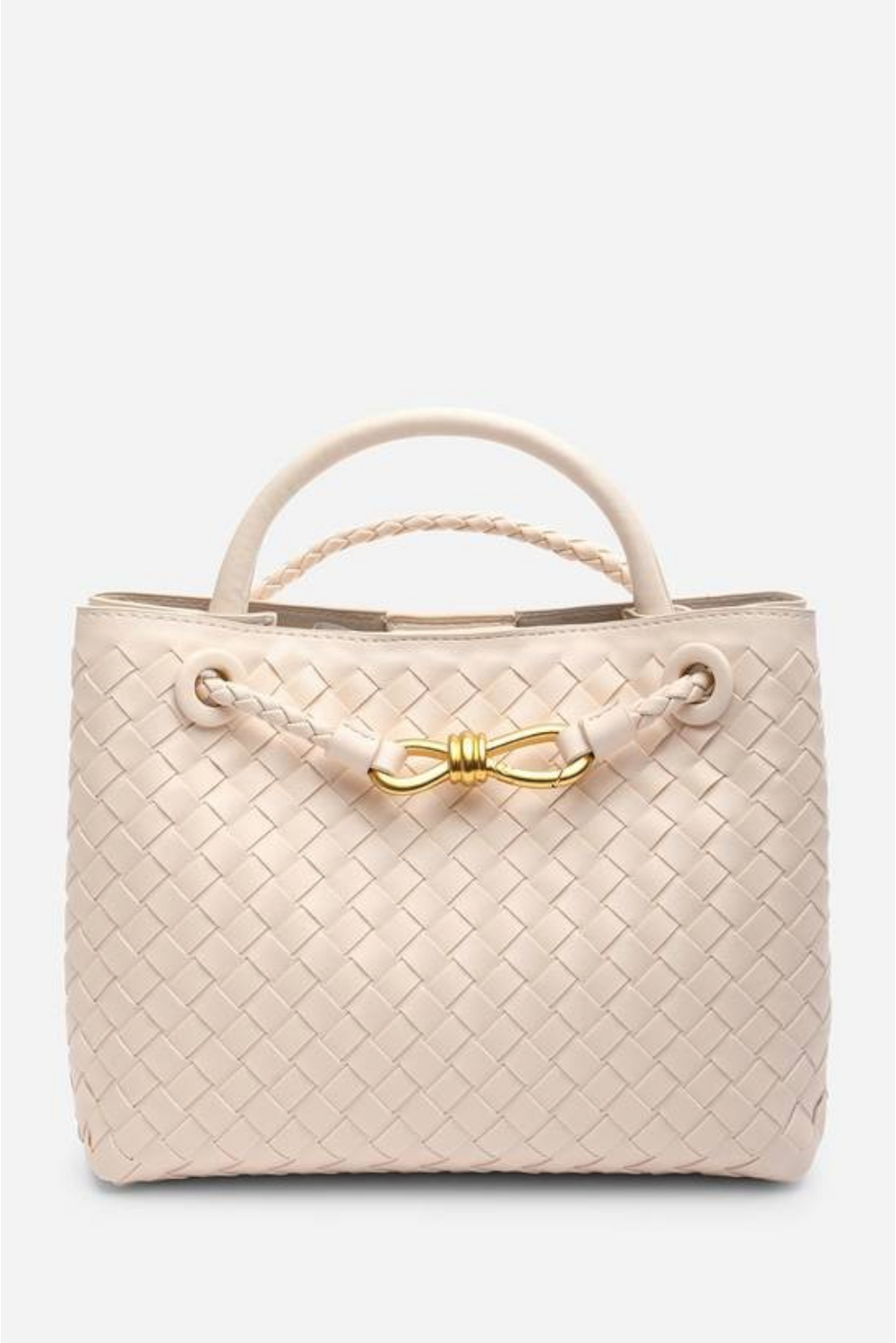 Premium Woven Top Handle Bag with Gold Knot Detail In Cream Pu