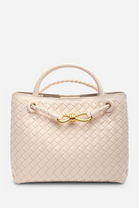 Premium Woven Top Handle Bag with Gold Knot Detail In Cream Pu