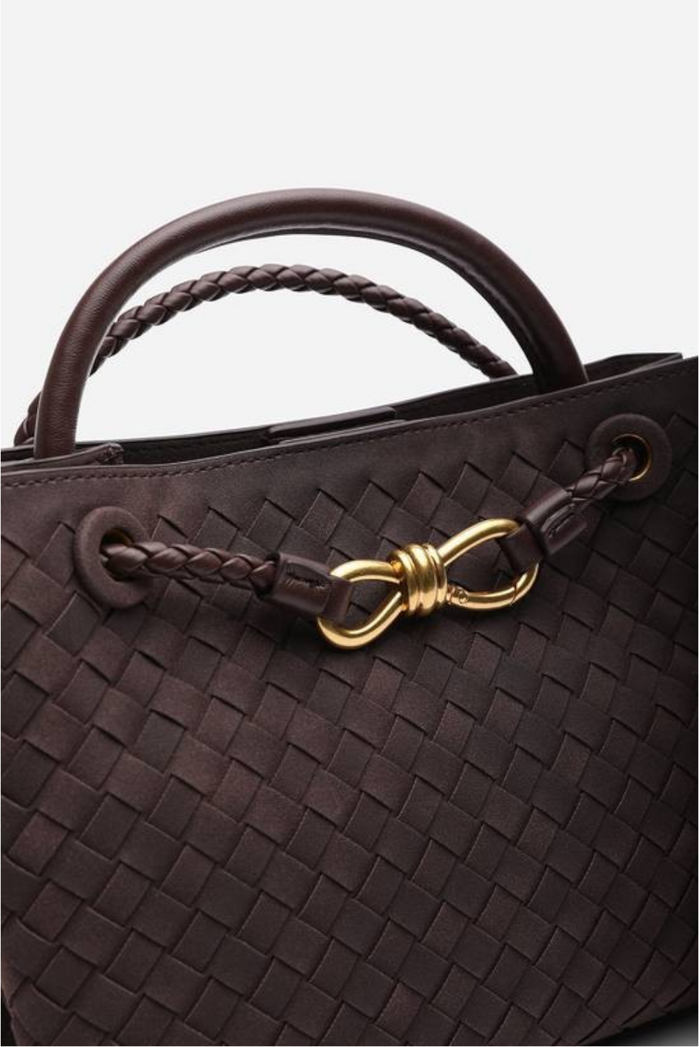 Premium Woven Top Handle Bag with Gold Knot Detail In Brown Suede