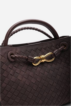 Premium Woven Top Handle Bag with Gold Knot Detail In Brown Suede