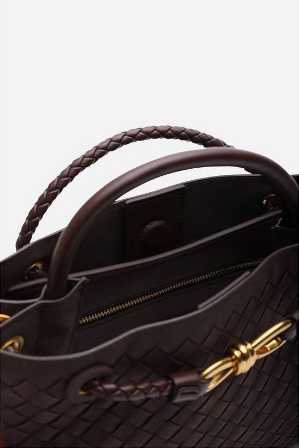 Premium Woven Top Handle Bag with Gold Knot Detail In Brown Suede