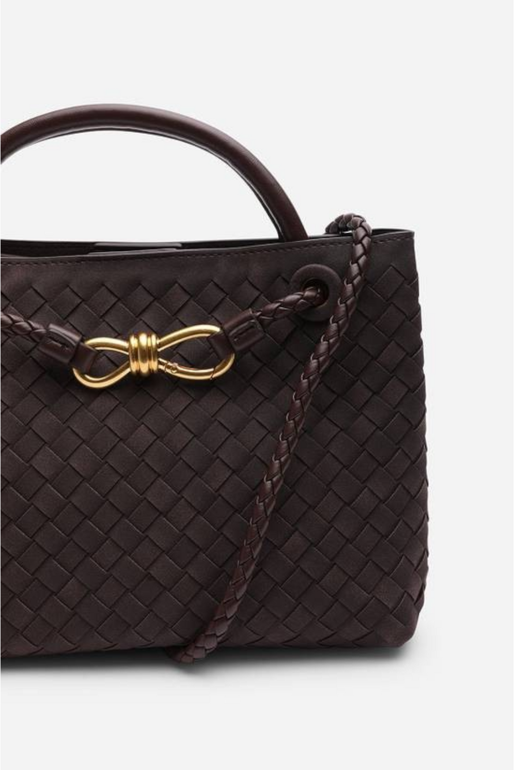 Premium Woven Top Handle Bag with Gold Knot Detail In Brown Suede