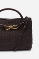 Premium Woven Top Handle Bag with Gold Knot Detail In Brown Suede