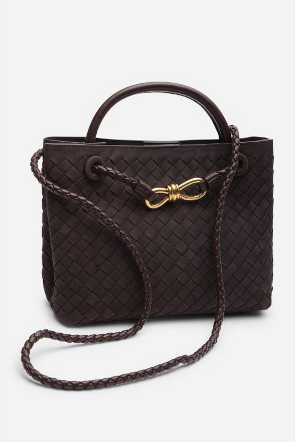Premium Woven Top Handle Bag with Gold Knot Detail In Brown Suede