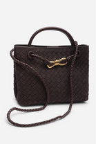 Premium Woven Top Handle Bag with Gold Knot Detail In Brown Suede