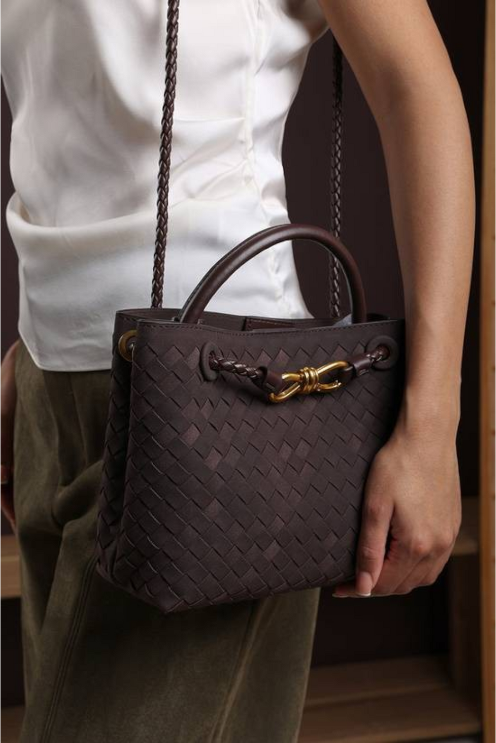 Premium Woven Top Handle Bag with Gold Knot Detail In Brown Suede