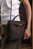 Premium Woven Top Handle Bag with Gold Knot Detail In Brown Suede