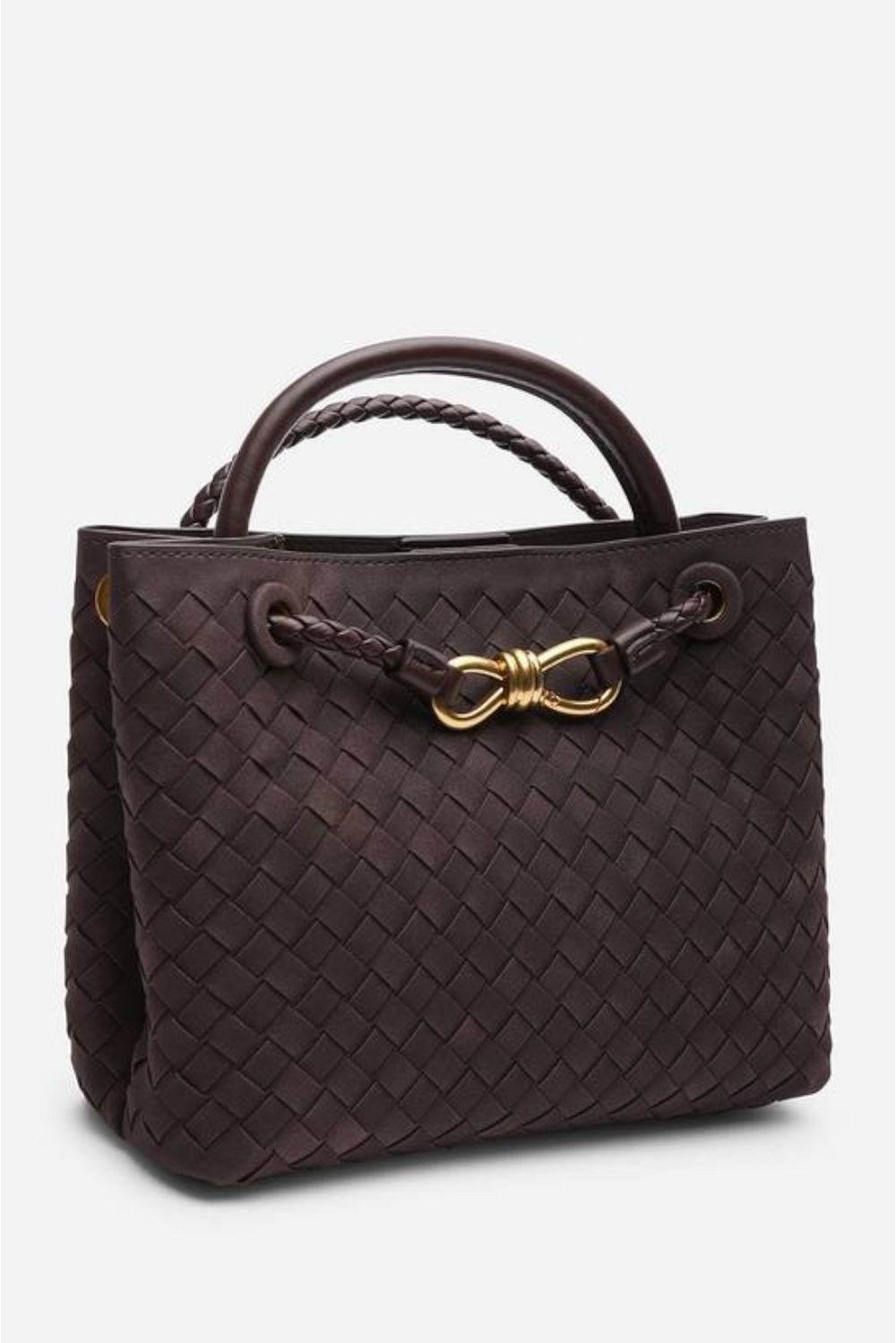 Premium Woven Top Handle Bag with Gold Knot Detail In Brown Suede