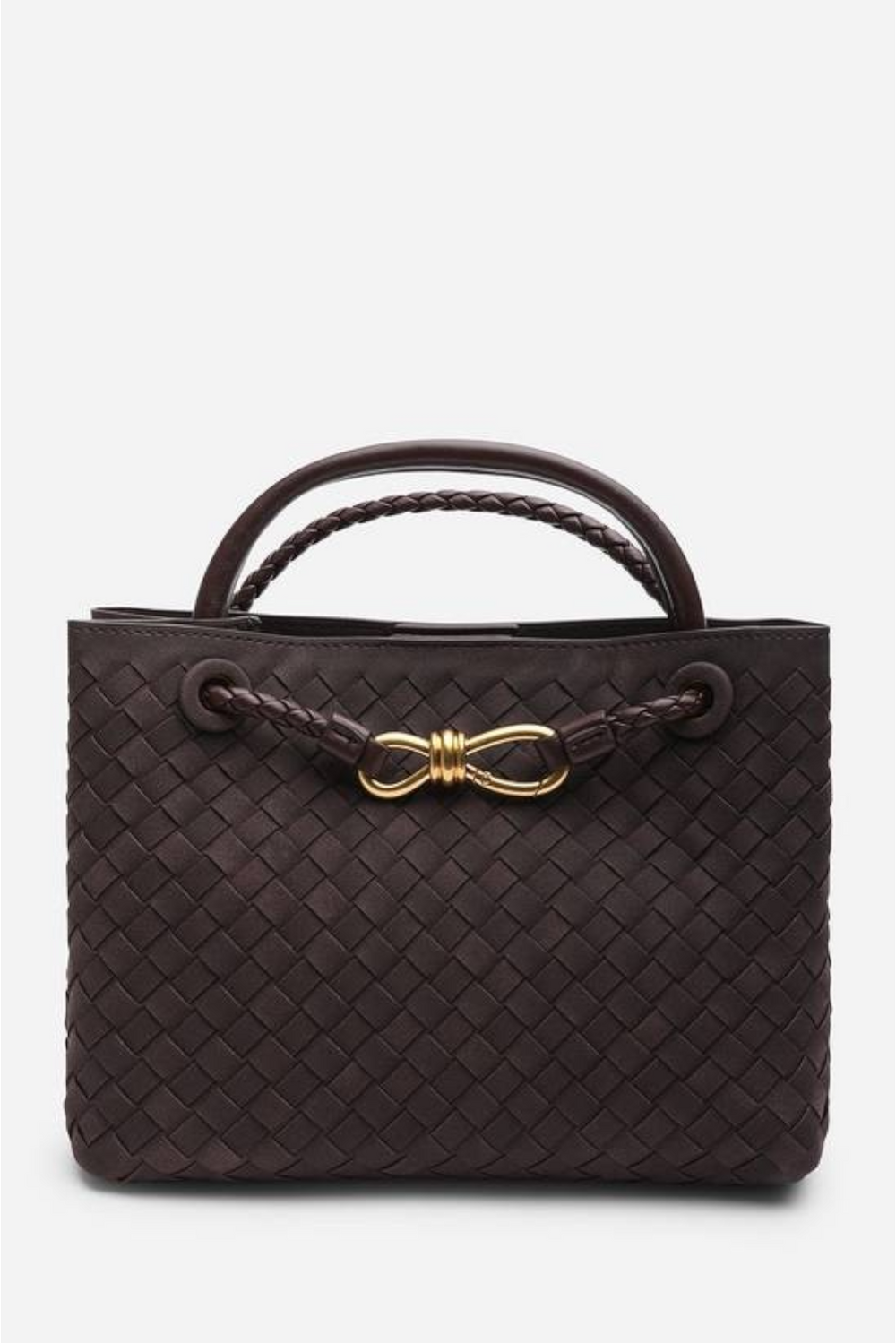 Premium Woven Top Handle Bag with Gold Knot Detail In Brown Suede