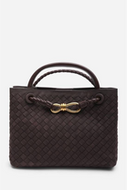 Premium Woven Top Handle Bag with Gold Knot Detail In Brown Suede