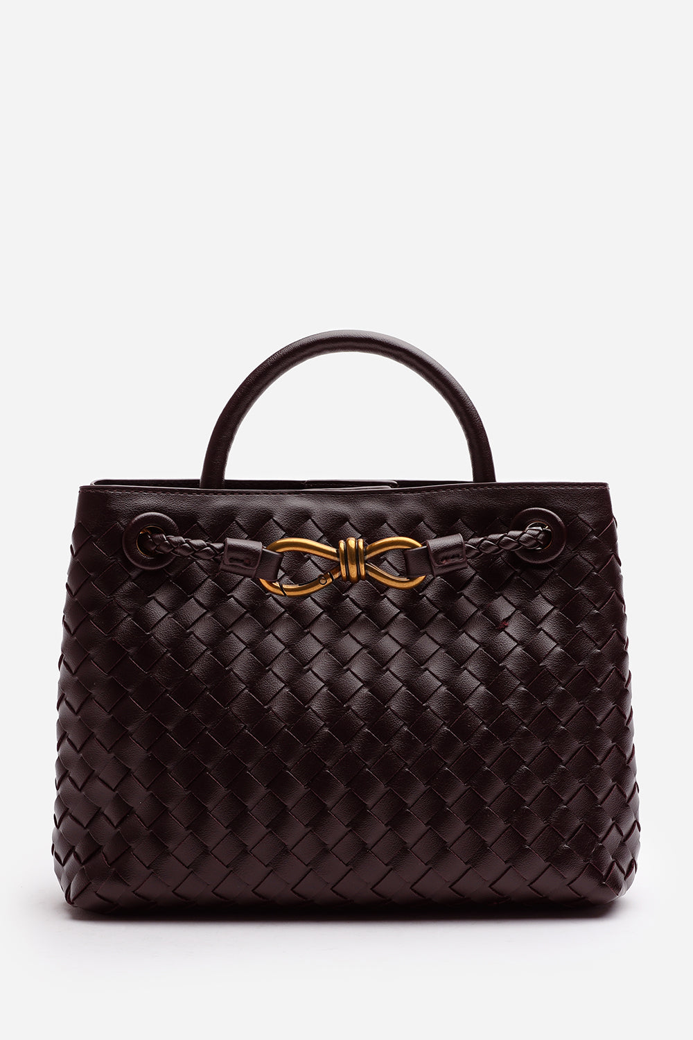 Premium Woven Top Handle Bag with Gold Knot Detail In Dark Brown