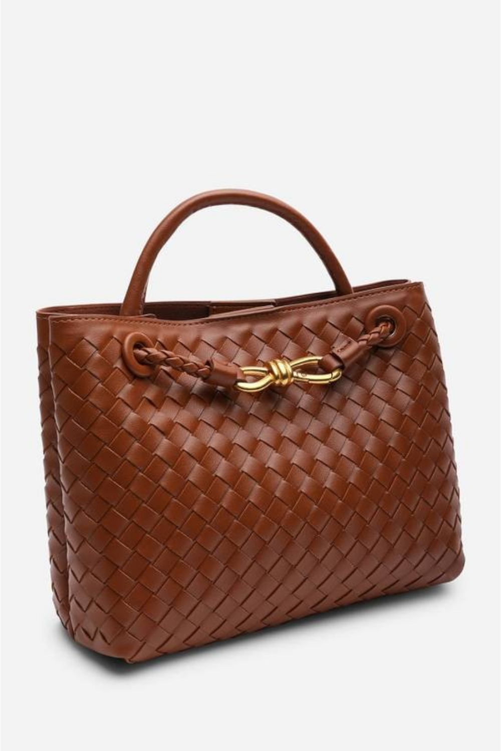 Premium Woven Top Handle Bag with Gold Knot Detail In Tan Pu