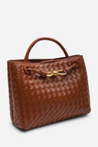 Premium Woven Top Handle Bag with Gold Knot Detail In Tan Pu