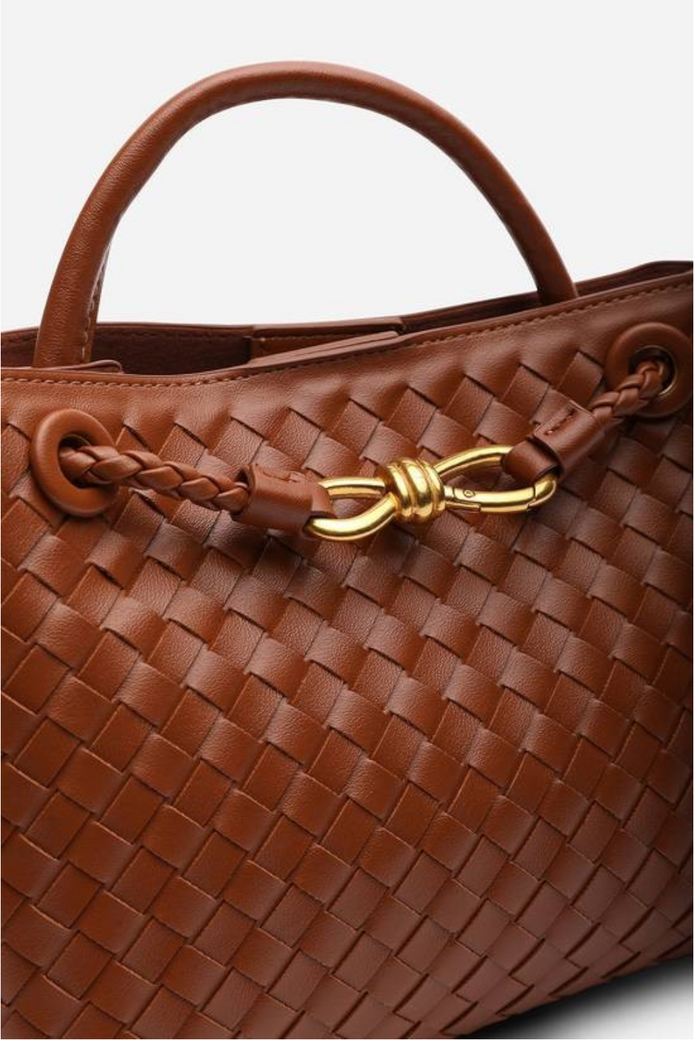 Premium Woven Top Handle Bag with Gold Knot Detail In Tan Pu