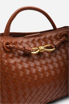 Premium Woven Top Handle Bag with Gold Knot Detail In Tan Pu