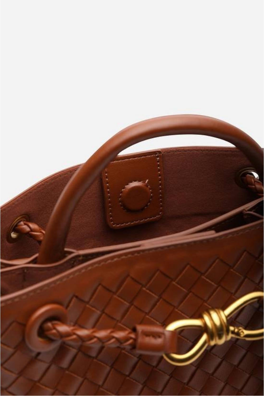 Premium Woven Top Handle Bag with Gold Knot Detail In Tan Pu