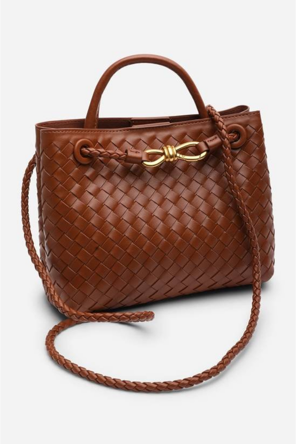 Premium Woven Top Handle Bag with Gold Knot Detail In Tan Pu