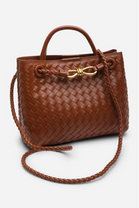 Premium Woven Top Handle Bag with Gold Knot Detail In Tan Pu