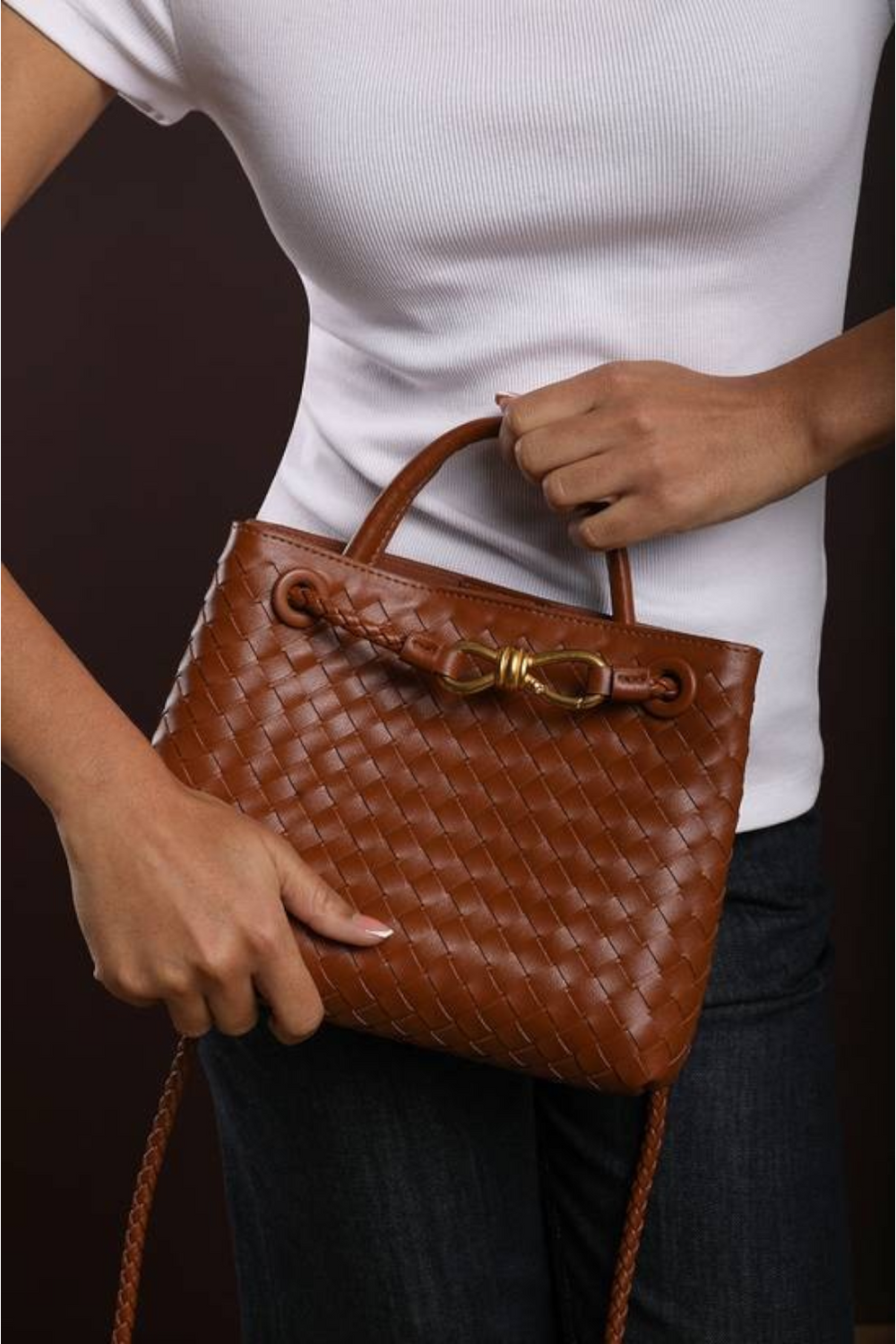 Premium Woven Top Handle Bag with Gold Knot Detail In Tan Pu