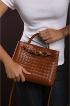 Premium Woven Top Handle Bag with Gold Knot Detail In Tan Pu