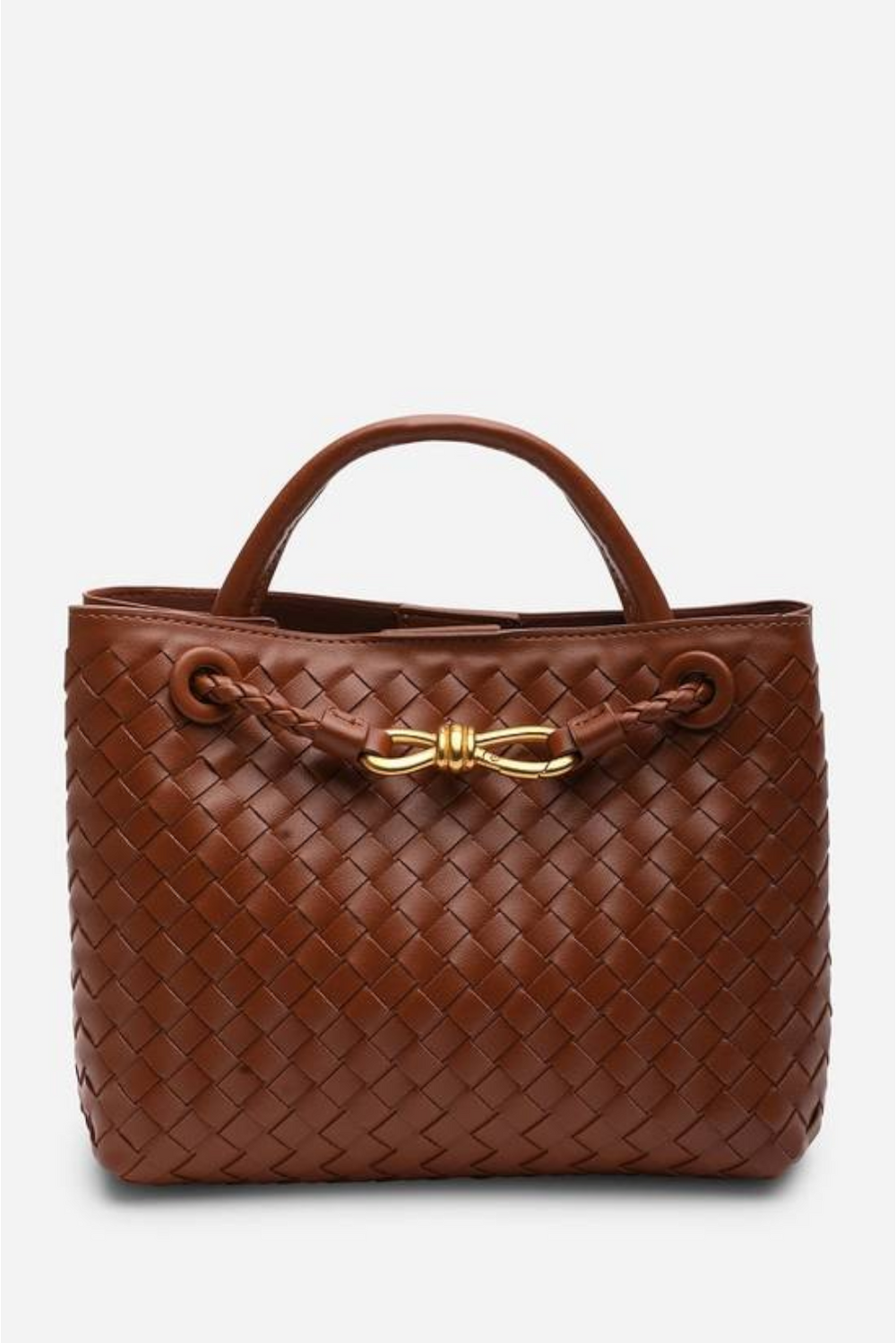 Premium Woven Top Handle Bag with Gold Knot Detail In Tan Pu