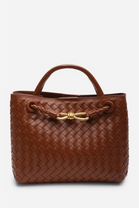 Premium Woven Top Handle Bag with Gold Knot Detail In Tan Pu