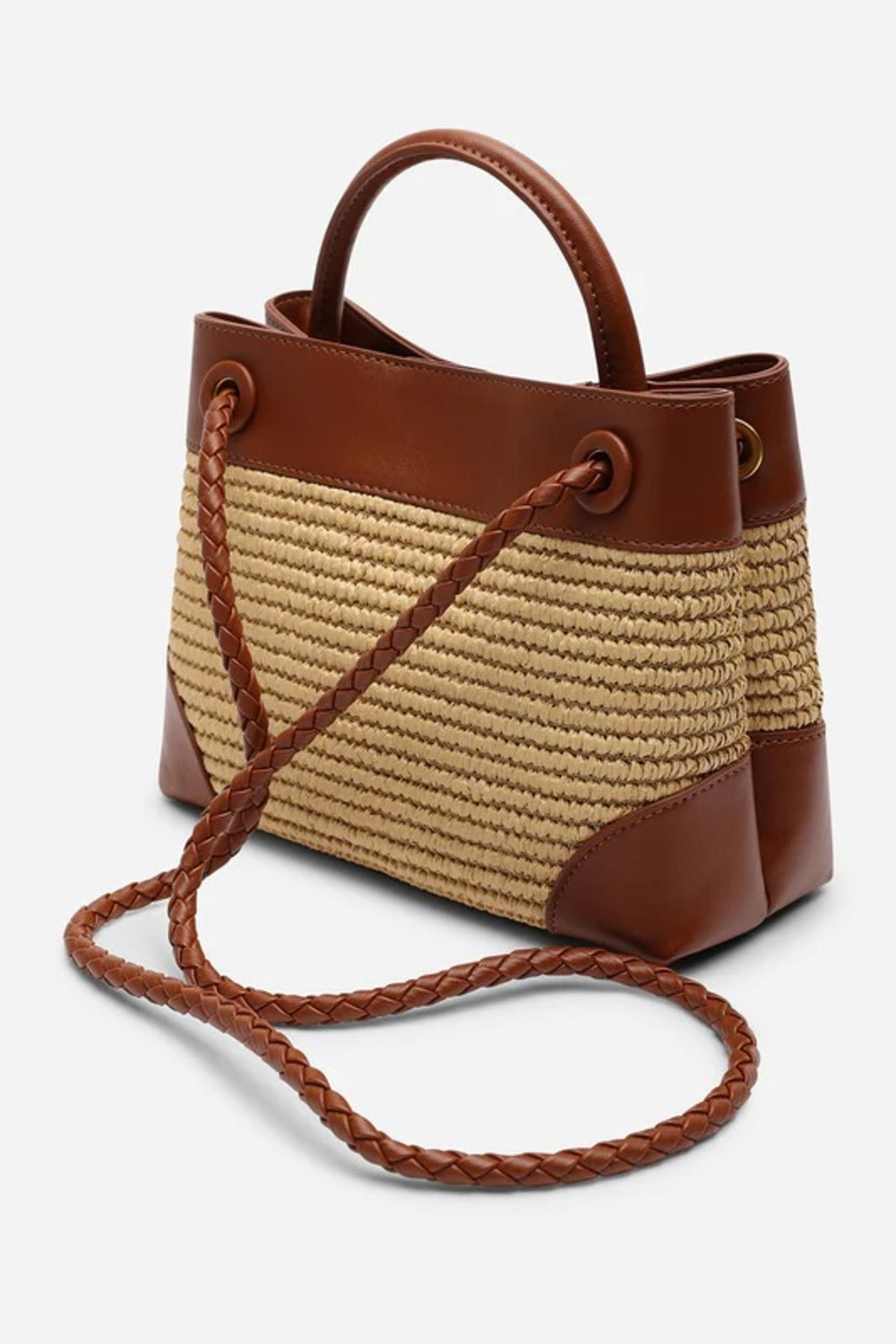 Premium Woven Top Handle Bag with Gold Knot Detail In Tan Raffia