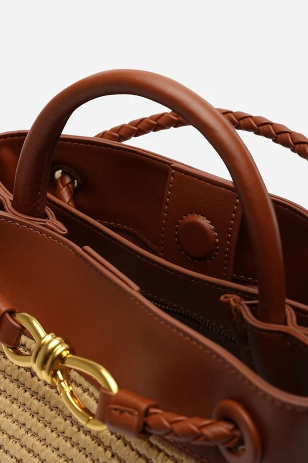 Premium Woven Top Handle Bag with Gold Knot Detail In Tan Raffia